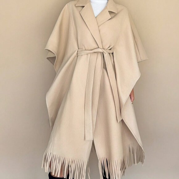Khaki Elegant Women's Lapel Neck Knotted Waist Fringe Hem Overcoat - Picture 3 of 5